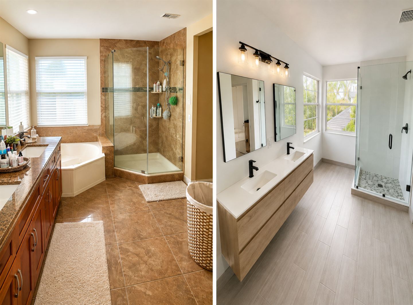 Bathroom before and after, brown tile shower transformed into a modern double-sink bathroom with glass shower